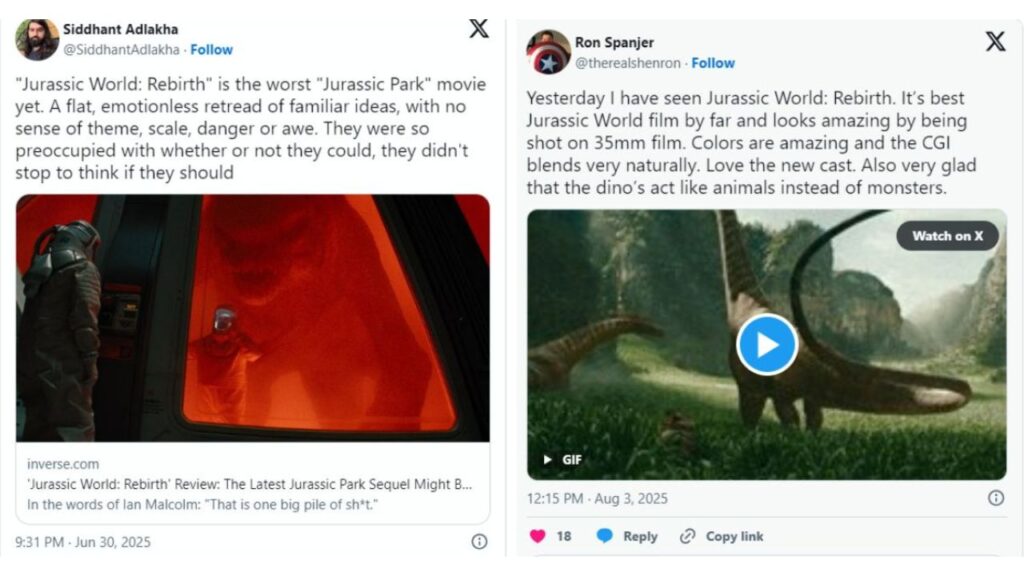 Mixed fan reactions on social media about Jurassic World Rebirth.