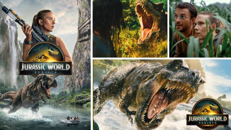 Jurassic World Rebirth official poster featuring Scarlett Johansson as Zora Bennett with dinosaurs in the background.
