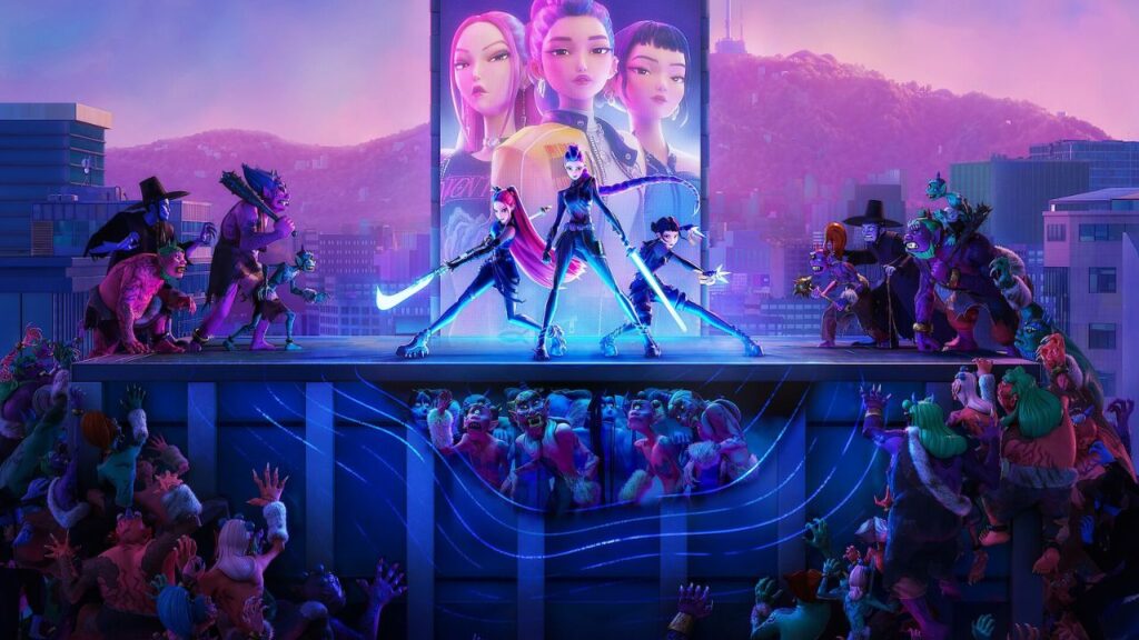 Huntr/x girl group performing high-energy KPop songs during Netflix’s KPop Demon Hunters.